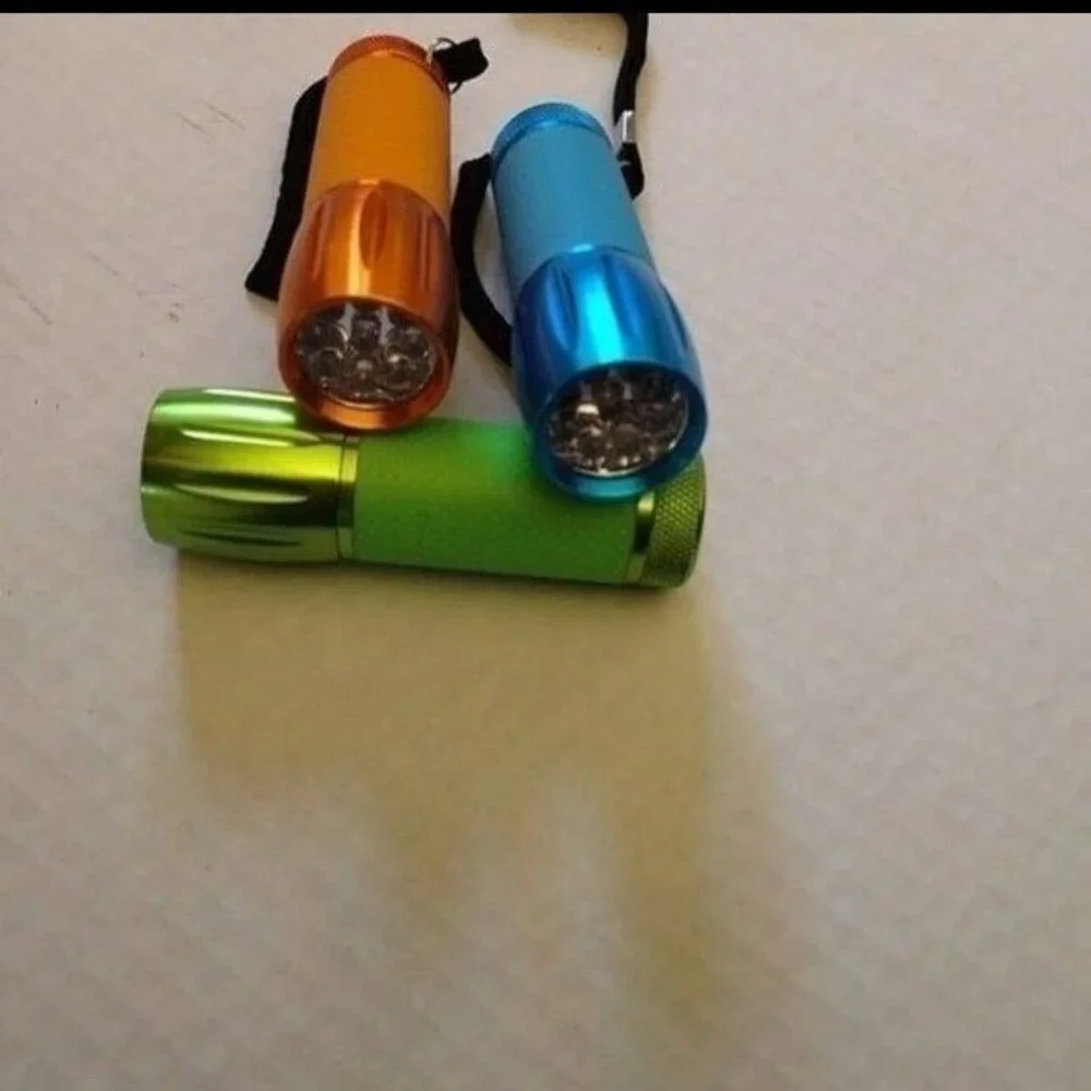 Set Of 3 Mini LED Flashlights W/Wrist Straps - Green Blue Orange - Compact -NEW